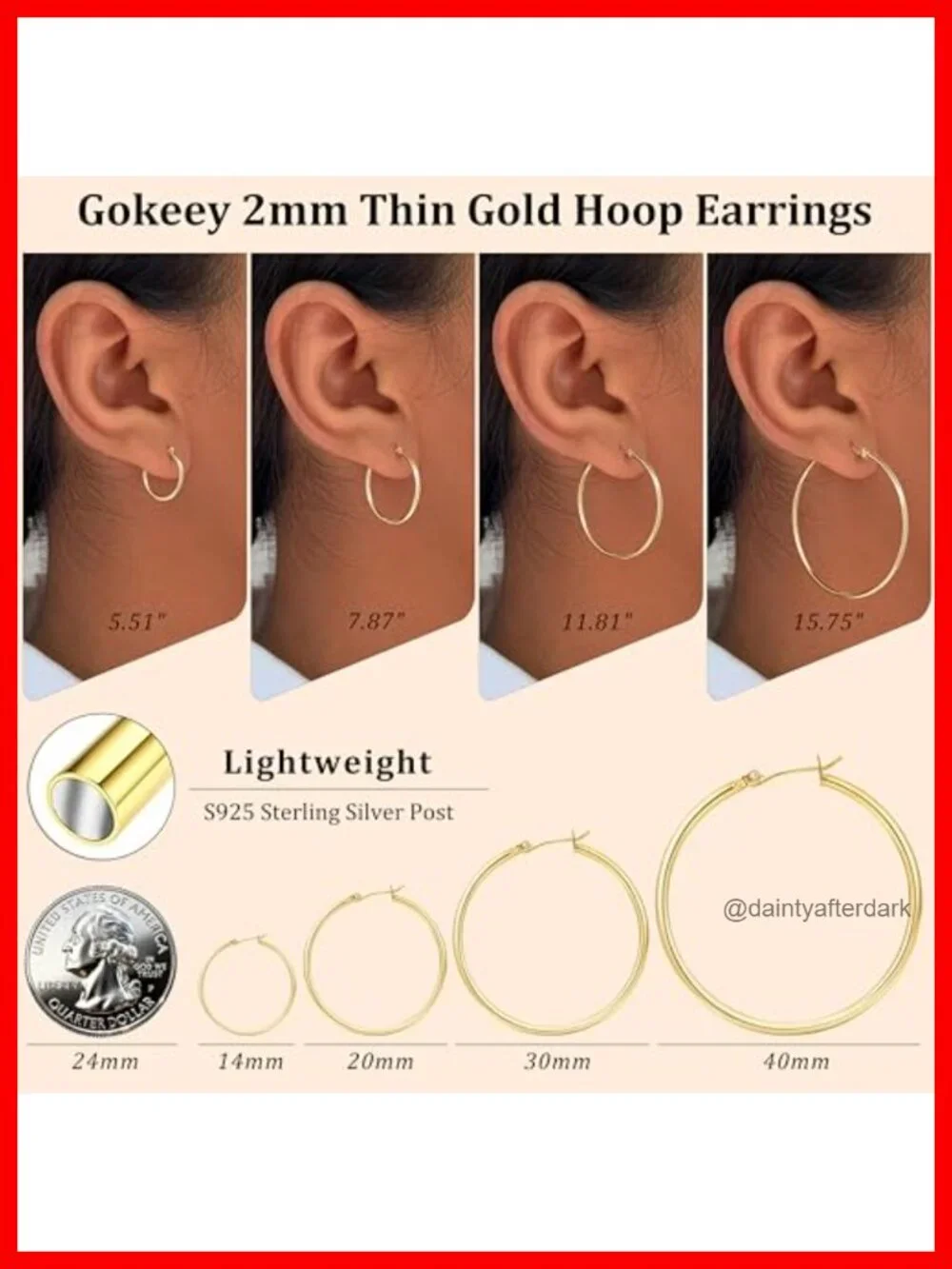 14k Gold Plated Hoop Earrings Set for Women, Sterling Silver Post,